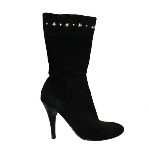 Guess Nerina 10M black suede silver studded 4.5" heeled boots w/ side zipper - Picture 6 of 10